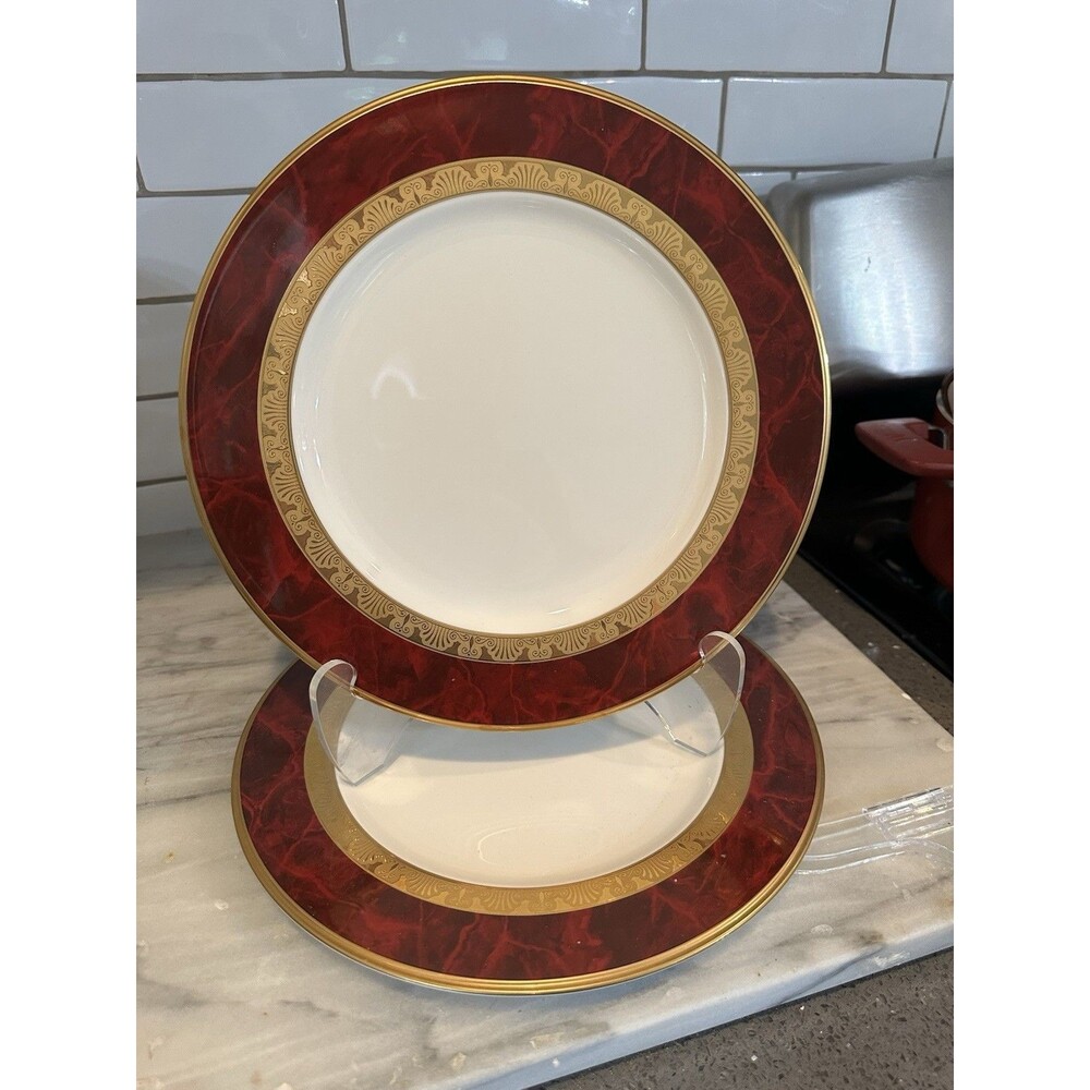 Vintage Set Of 2 Noritake Hemingway Dinner Plates Bone China 4733 Burgundy Gold